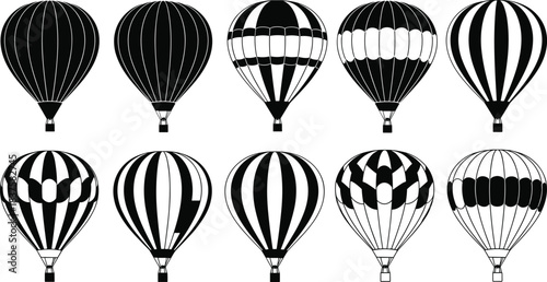 Hot Air Balloon Silhouette Vector Icons Set, Collection of Different Black and White Striped Flying Balloons, Airship Designs for Travel, Adventure, Sky Festival, and Sport Concepts