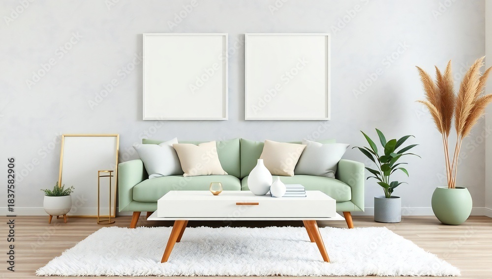 Obraz premium Modern living room with light green sofa and two blank picture frames on wall