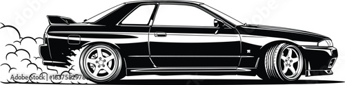WebJapanese sports car drifting side view silhouette with tire smoke, black and white vector illustration for automotive racing logo or apparel design