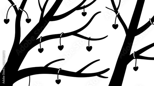 flat black-and-white floating tree branches with hanging tiny hearts