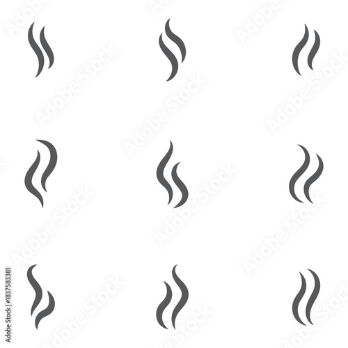 Smoke steam icon vector logo set. Smoke smell, steam aroma heat icon illustration. Hot vapor fire doodle line logo. Hit stink, coffee, fragrance flame elements. Smoke steam icon vector set.