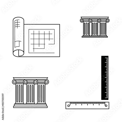 Professional architectural blueprint plan with classical columns and precision measuring tools for design projects