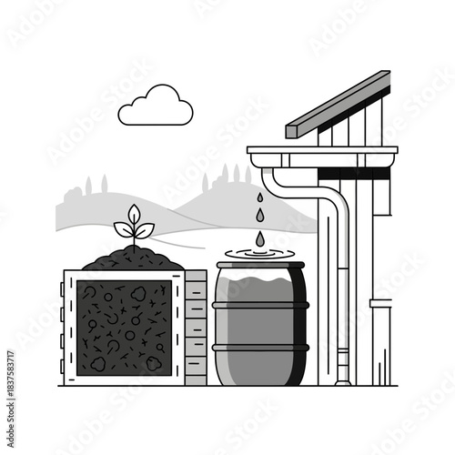 Sustainable rainwater harvesting system channeling water to nourish a thriving seedling in a garden bed