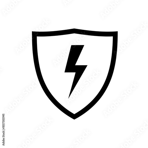 Bold black shield icon featuring a dynamic lightning bolt symbolizing strong electrical power protection and security