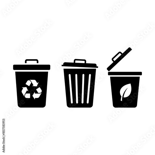 Professional set of three distinct waste receptacles featuring recycling and compost symbols for ecological management