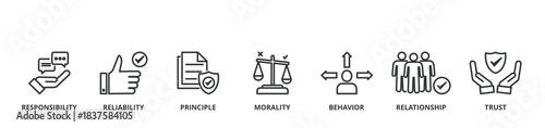 Business ethics banner vector illustration concept  web  with icon of responsibility, reliability, principle, morality, behavior, relationship, and trust