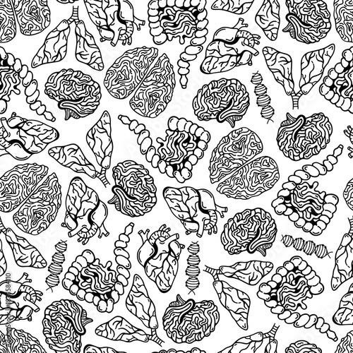 Human internal organs, seamless vector pattern. Brain, lungs with bronchi. Large and small intestines, heart. Digestive, nervous, respiratory, circulatory systems, DNA. Black and white background