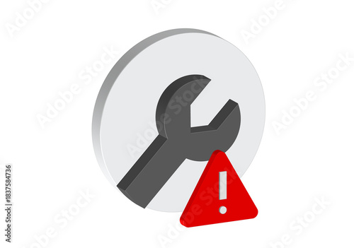 Simple 3D illustration of a tool icon with a warning sign