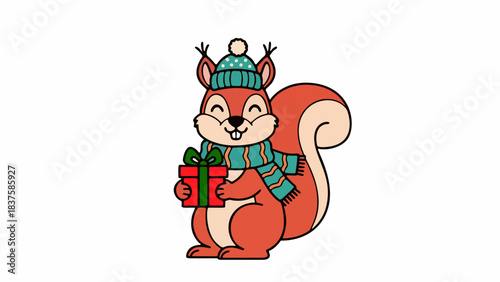 a squirrel wears a scarf and winter hat while smiling and holding a christmas gift cute vector illustration