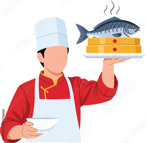 Chef showcases a fresh, steaming fish on a plate surrounded by vibrant yellow blocks. Perfect for restaurant menus or culinary publications.