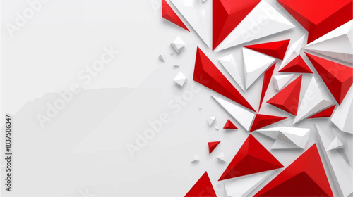 Abstract background with dynamic red and white 3D geometric shapes and polygons creating a modern design.