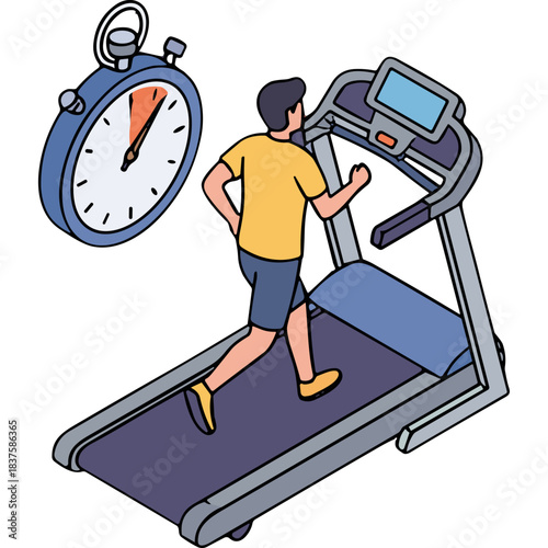 Man Running on Treadmill with Stopwatch Counting Down Time for Cardio Workout in a Gym Setting