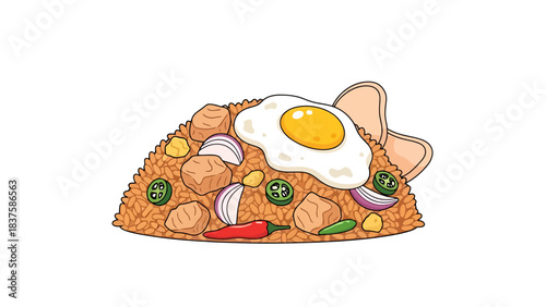 Delicious Chinese style fried rice with egg vegetables and herbs served on a white dish nasi goreng indonesian food