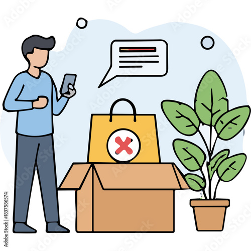Man Using Smartphone Near Open Cardboard Box with Yellow Shopping Bag Featuring Red Cross Symbol and Potted Plant With Green Leaves Abstract Background