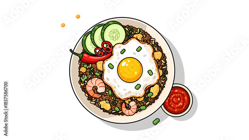 Delicious Breakfast Plate with Fried Egg Fresh Vegetables and Side Dip nasi goreng indonesian food