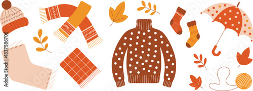 Autumn cozy accessory set, seasonal fashion illustration, warm fall clothing elements, knitted items and leaves, vector comfort design pack, hygge-inspired collection