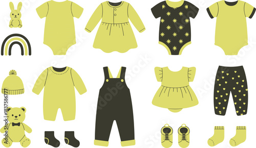 Baby clothing and accessory set, yellow and black infant outfit illustration, newborn fashion pack, cute nursery elements, vector design for baby gifts