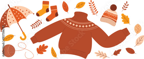 Autumn cozy clothing and accessory set, warm seasonal illustration, fall fashion elements, knitted items and leaves, vector comfort design pack, hygge-inspired collection