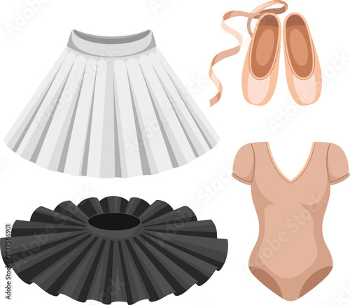 Ballet clothing and accessory set, elegant dancewear illustration, pointe shoes and leotard pack, tutu and skirt vector design, graceful costume elements