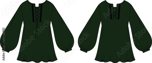 Front and back view of dark green lace-up blouse with flared scalloped hem, voluminous sleeves, gathered cuffs, fashion sketch, garment design vector illustration