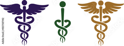 Caduceus symbol set, medical staff with serpents, healthcare icon, winged rod illustration, green gold purple versions, wellness vector, hospital emblem, medicine concept