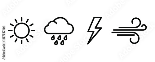 Weather forecast icons set, sun cloud rain lightning wind vector illustration