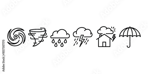 Weather and natural disaster icons set, hurricane tornado rain lightning vector