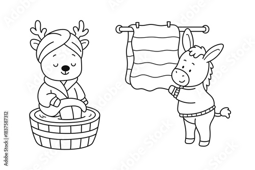 Cute Cartoon Reindeer in Spa Bath and Donkey Drying Towel. Black and White Outline Flat Cartoon Style Vector Illustration