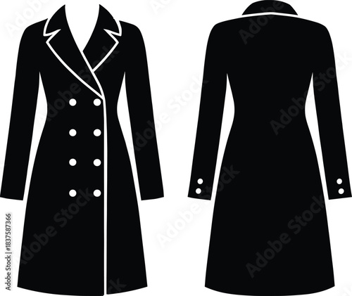 Double-breasted long coat front and back view, formal fashion outerwear, tailored silhouette, button detail, notched collar, vector illustration for clothing design
