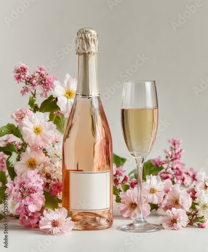 Champagne and Floral Elegance: A champagne bottle and a crystal glass are presented with an exquisite array of soft, delicate flowers, creating a scene of refined elegance and celebration.