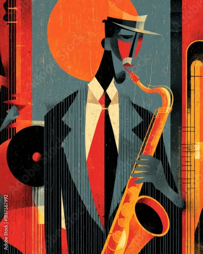 Jazz Musician: A stylized illustration capturing a jazz musician in a dynamic pose, immersed in the rhythm of music, saxophone, bold colors and a sense of soulful expression.