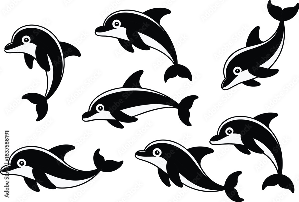 Fototapeta premium Black and white cartoon dolphins in dynamic swimming poses, playful marine animal vector set for ocean themes, kids decor, clipart, and educational use