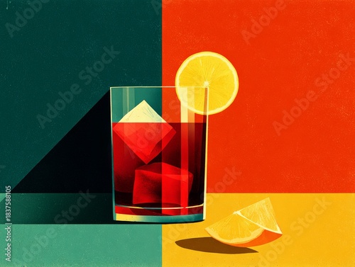 Cocktail Composition: An artful studio shot of a classic cocktail, the glass perfectly composed with ice and a lemon garnish, set against a bold, contrasting background.