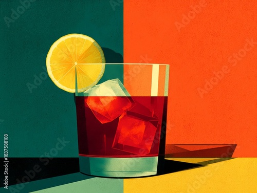 A Refreshing Cocktail: A chilled glass of expertly mixed cocktail, garnished with a vibrant slice of lemon and sparkling ice cubes, sits invitingly. 
