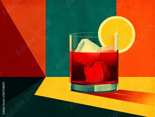 Vibrant Negroni: An eye-level, close-up shot of a classic Negroni cocktail, its ruby-red liquid contrasted by the crisp, cool ice cubes. Garnished with a sunny citrus slice.