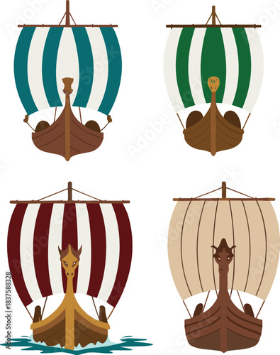 dragon figurehead sailboats, Norse maritime vector set, historical boat icons, ancient sea travel design pack,