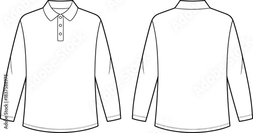 Technical flat sketch of polo shirt, long sleeve button placket curved hem design, fashion template, garment construction drawing, apparel illustration, vector outline