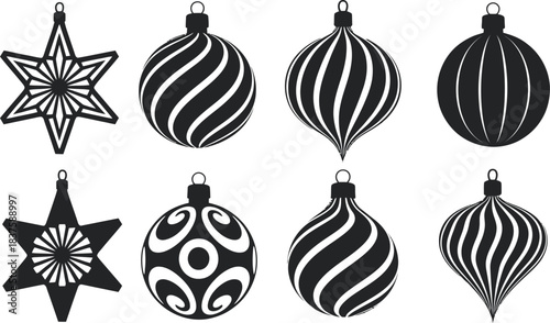 Stylized Black and White Christmas Ornaments Vector Set for Festive Holiday Decor