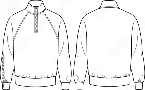 Technical flat sketch of pullover sweatshirt, half zip high collar design, fashion template, garment construction drawing, apparel illustration, vector outline, ribbed hem