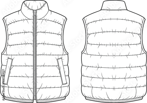 Technical flat sketch of puffer vest, sleeveless high collar quilted design, fashion template, garment construction drawing, apparel illustration, vector outline, side pockets