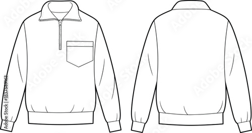 Technical flat sketch of pullover sweatshirt, half zip stand collar chest pocket design, fashion template, garment construction drawing, apparel illustration, vector outline