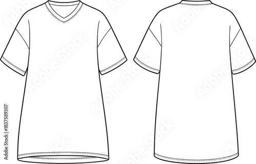 Technical flat sketch of short sleeve t-shirt, V-neck and round-neck design, fashion template, garment construction drawing, apparel illustration, vector outline, seam details