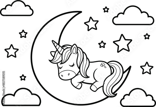 Sleeping unicorn on crescent moon with stars and clouds, black and white line art, dreamy cartoon illustration for kids, bedtime and coloring book design