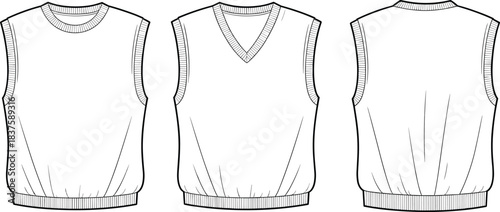 Technical flat sketch of sleeveless sweater vest, crew neck V-neck back view design, fashion template, garment construction drawing, apparel illustration, vector outline
