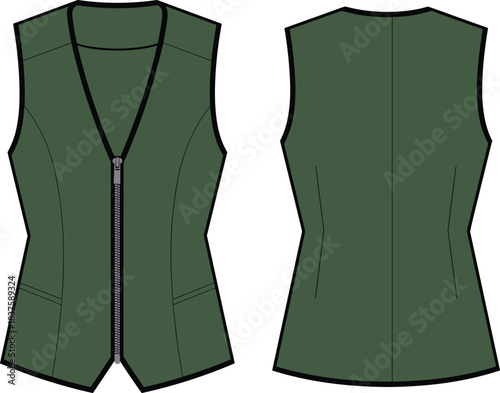 Sleeveless dark green vest front and back view, black trim, V-neckline, central zipper, tailored fit, fashion illustration, garment sketch, clothing design vector