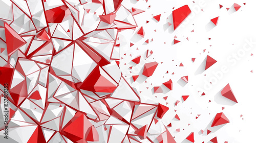 Abstract red and white geometric fragments exploding and shattering into many pieces on a clean white background, creating a dynamic visual effect.