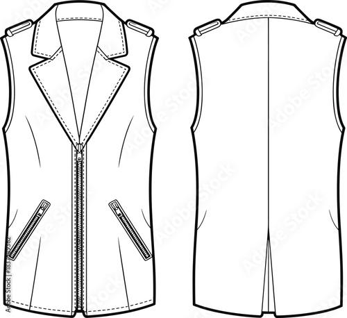 Technical flat sketch of sleeveless vest, notched lapel shoulder epaulet zippered pocket back vent design, fashion template, garment construction drawing, vector outline