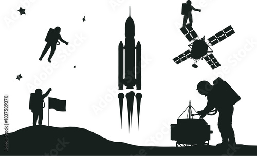 Detailed Silhouette Vector Set of Space Exploration Astronauts, Rocket, and Satellite on Cosmic Missions