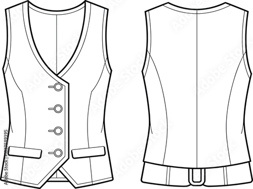Technical flat sketch of tailored vest, deep V-neck welt pocket princess seam back belt design, fashion template, garment construction drawing, vector outline
