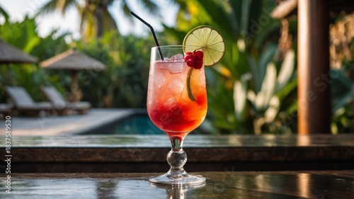 Tropical cocktail with lime and raspberry at resort pool